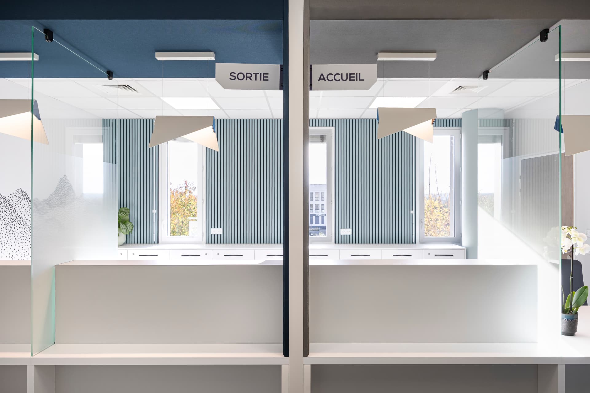 Guichets Accueil et Sortie avec habillage acoustique en tasseaux Guichets Accueil et Sortie avec habillage acoustique en tasseaux